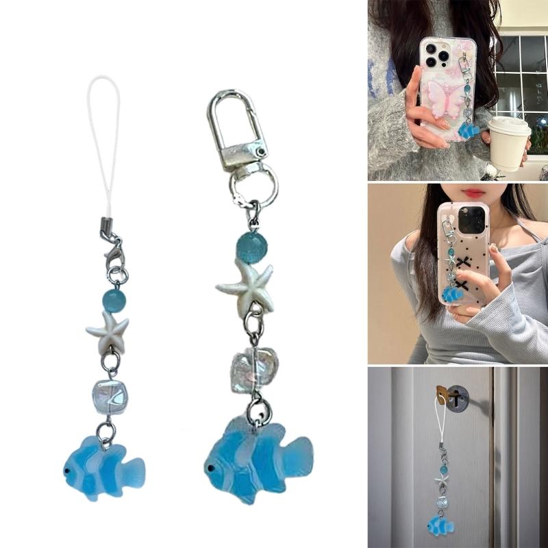 Handmade Beaded Phone Chain Fish Cellphone Charm Acrylic Keyring Pendant Mobile Phone Charm Detachable Bag Accessory