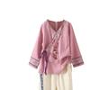 Women's Embroidered Loose Cotton Linen Blouse Cardigan - Tie-Up Spring/Summer Top