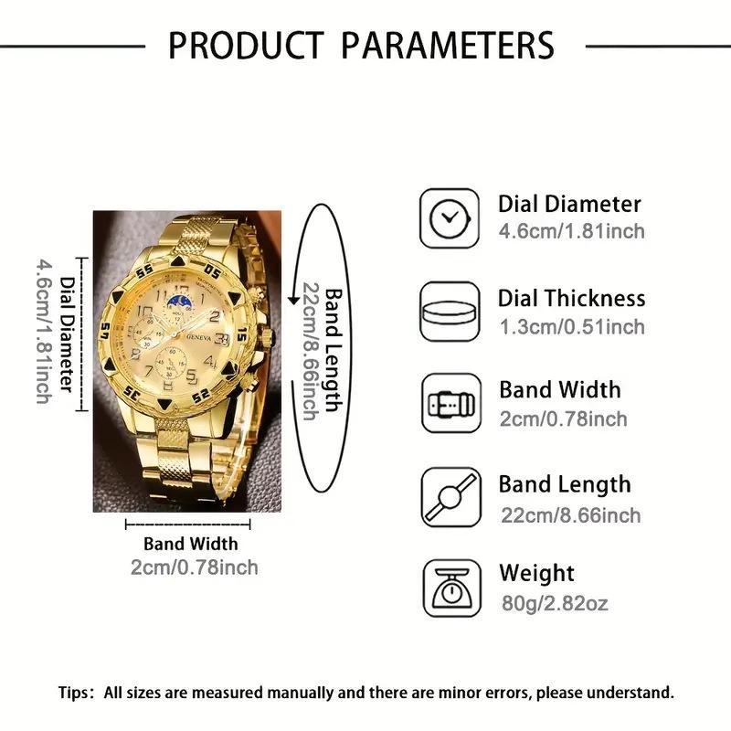 Men's Large Dial Blu-ray Glass Watch, High-end Men's Business Watch + Jewelry 4-piece Set