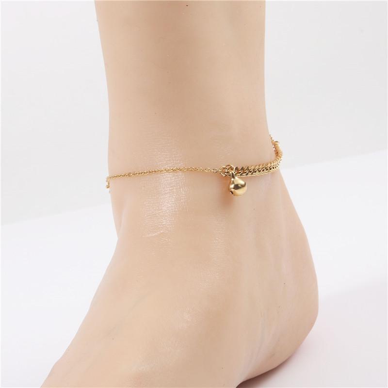 Fenny Jewelry 18K PVD Plated High Quality Dainty Mixed Cuban Chain Bell Pendant Stainless Steel Anklet for Women золотой