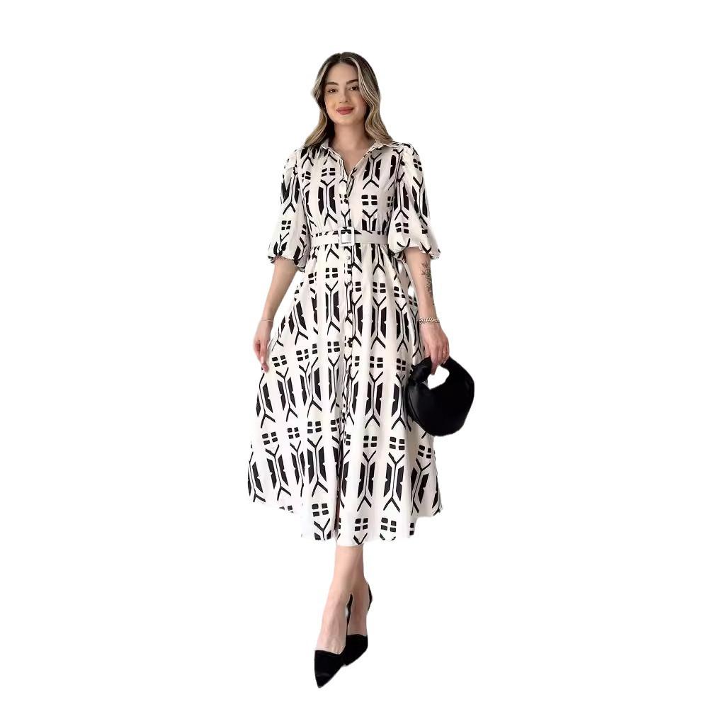 2024 Letní Dámské Módní Tištěné Šaty s Límcem na Zapínání a Lucernovými Rukávy