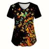 Bata Médica Mujer Elegante Estampado Mariposa Cuidado de la Salud Enfermería Cuello en V Manga Corta Bolsillo de Parche Tops Uniforme Médico para Mujeres