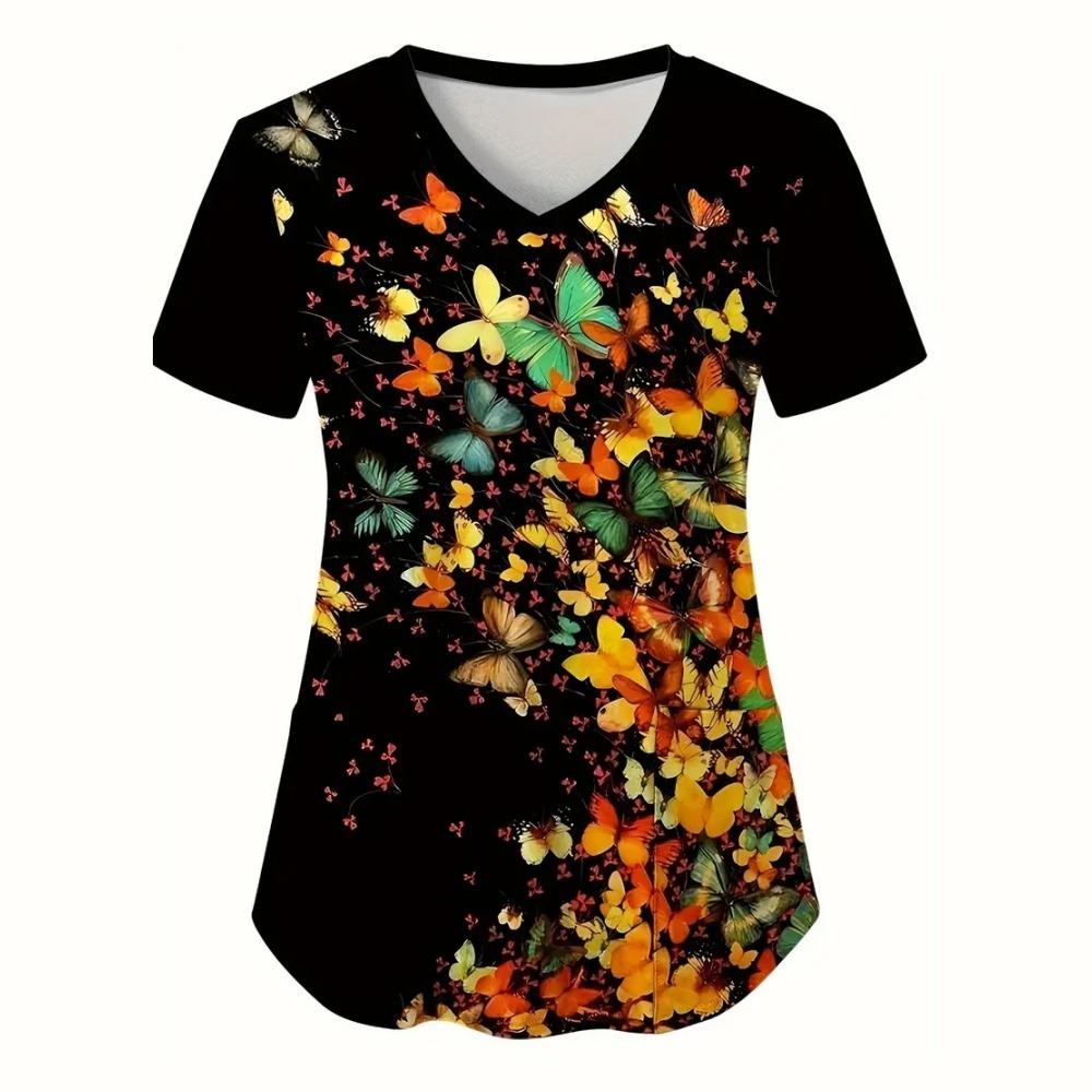 Bata Médica Mujer Elegante Estampado Mariposa Cuidado de la Salud Enfermería Cuello en V Manga Corta Bolsillo de Parche Tops Uniforme Médico para Mujeres