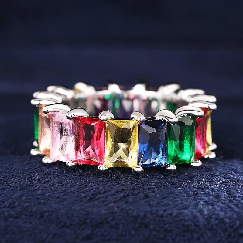 Huitan Rectangular Colorful CZ Promise Rings for Women Luxury Gold Color/CopperColor Wedding Accessories Rainbow Rings Jewelry