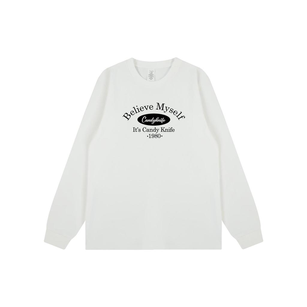 Trendy Unisex Hong Kong Style Logo Print Long Sleeve Cotton T-Shirt with Ribbed Cuffs