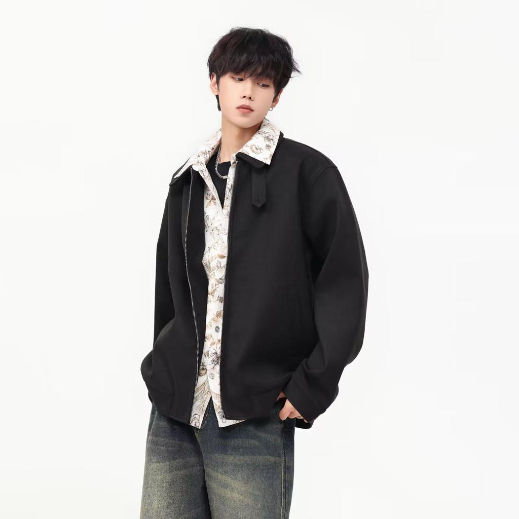 Unisex Retro Wolljacke mit Revers und Reißverschluss - Falsches Zweiteiler-Design für Herbst/Winter Freizeitkleidung