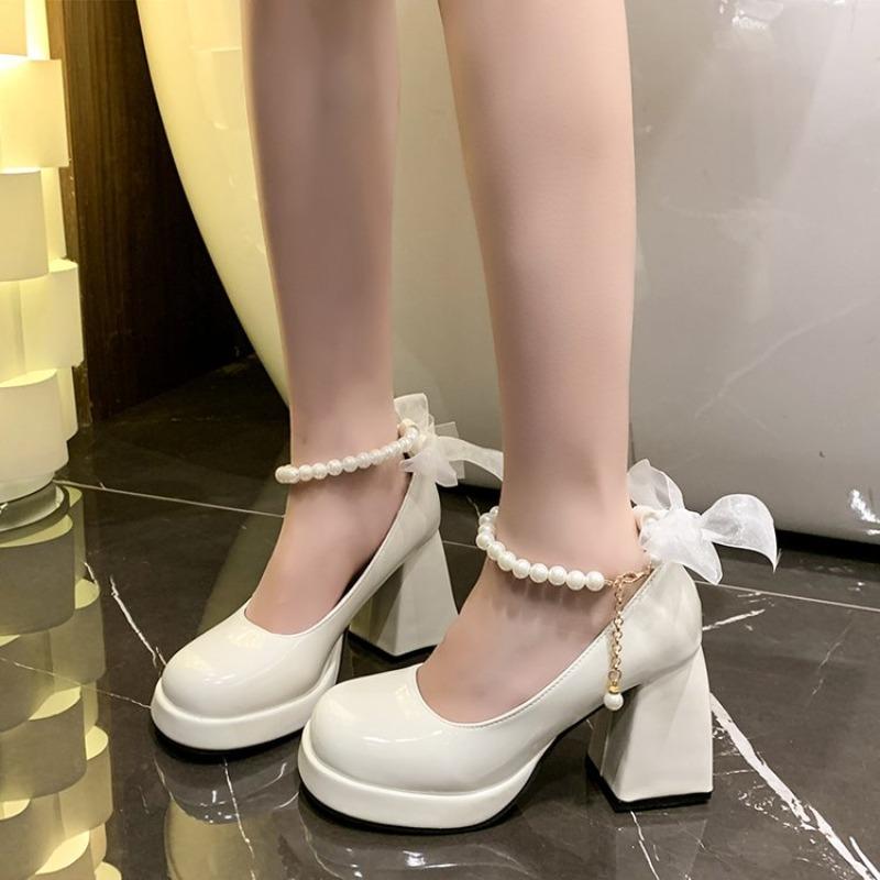 2026 White Butterfly Knot Fairy Pearl High Heels Waterproof New Arrival Spring Autumn Style Low Cut Jane Shoes