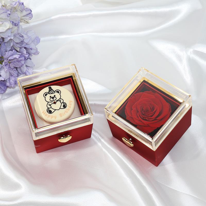 Luxury Rotating Acrylic Jewelry Box with Preserved Rose, Teddy Bear, and Birthday Cake Design