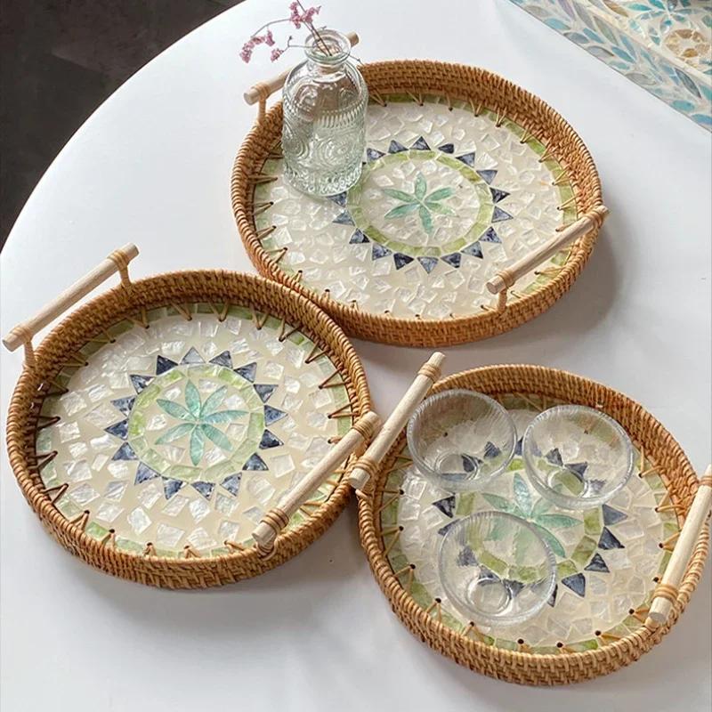 Tabletts zum Servieren von Speisen Serviertabletts Snacktablett Nachmittagstee-Tablett Teller Dessert Rattan Obst Trocken Gericht Süßigkeiten Teller Kuchen Zuhause