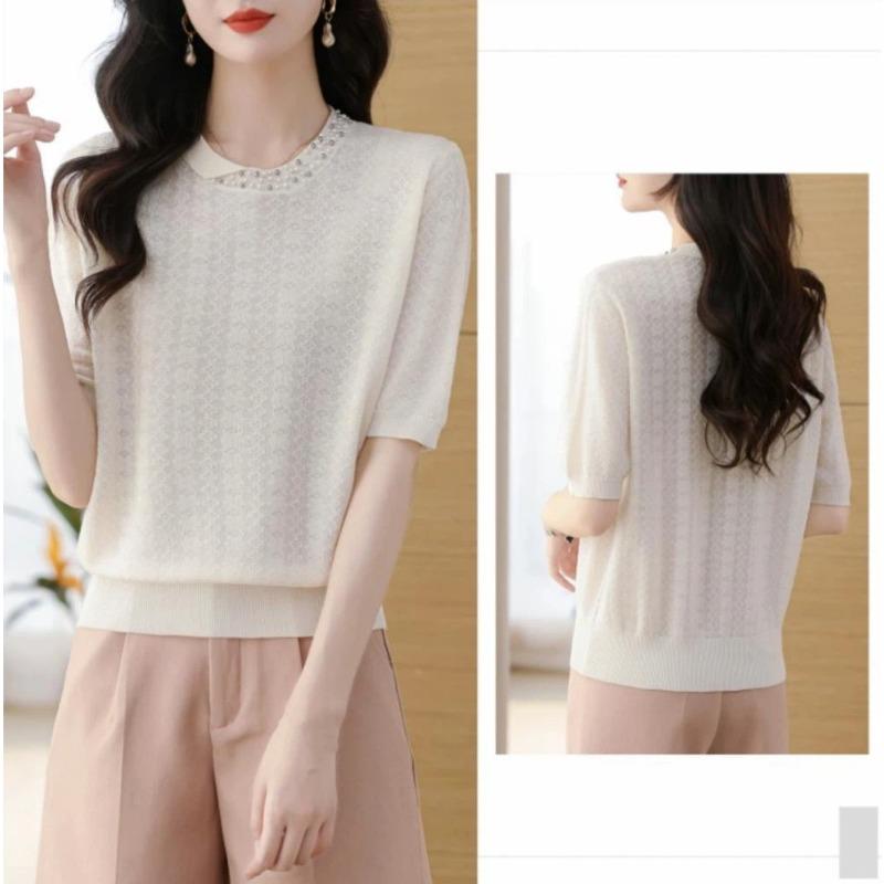 Women Heavy Beaded Neckline Jacquard Knit Short Sleeve T Shirt New Fashion Summer Casual Elegant