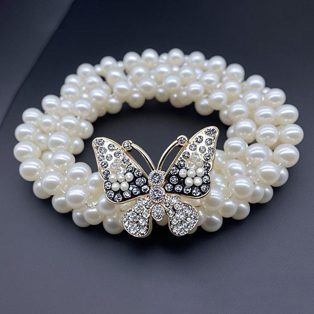 Luxury Butterfly Pearl Belt Pearls and Rhinestones Elastic Waist Bands For Women Lady Girl
