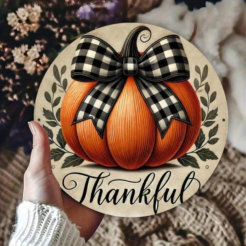 Autumn Pumpkin Thanksgiving Metal Sign Wall Decor 7.87x7.87 Inch Round Rustproof Aluminum with Plaid Bow Home Office