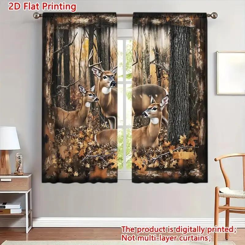 Forest Three Deer Pattern Printed Curtains Window Decoration Home Room Curtain Set Of 2 Made Polyester Washable