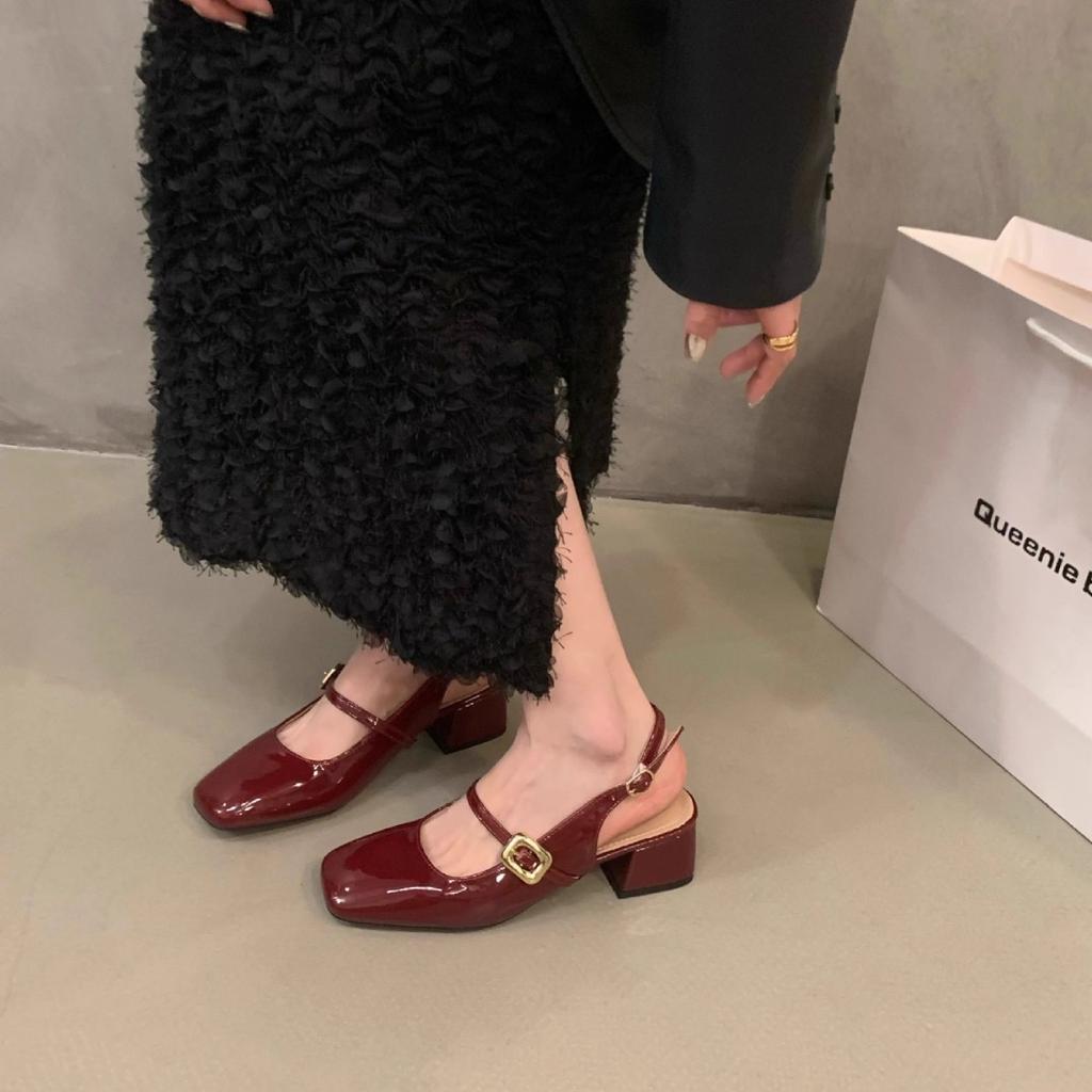 French red bag head sandals women's shoes 2025 new summer square head medium high heel silver Mary Jane single shoes