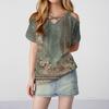 Women's Flower Print Casual Off-Shoulder Strappy V-Neck Short-Sleeved T-Shirt