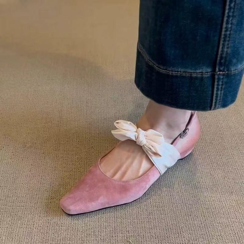 Bowknot Closed Toe Sandals Low Heel Summer Square Toe Shallow Mouth Temperament Flat Shoes Versatile No Tired Feet Single Shoes