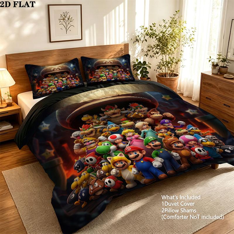 Super Mario Pattern Bedding Quilt Set Quilt Cover Pillowcase Home Birthday Gift(1 * duvet cover + 2 * pillowcase, without core)