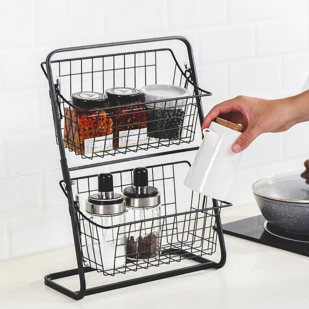 Cesta Portaespecias de Gran Capacidad de 2 Niveles Cesta de Almacenamiento de Frutas y Verduras de Hierro Para Cocina