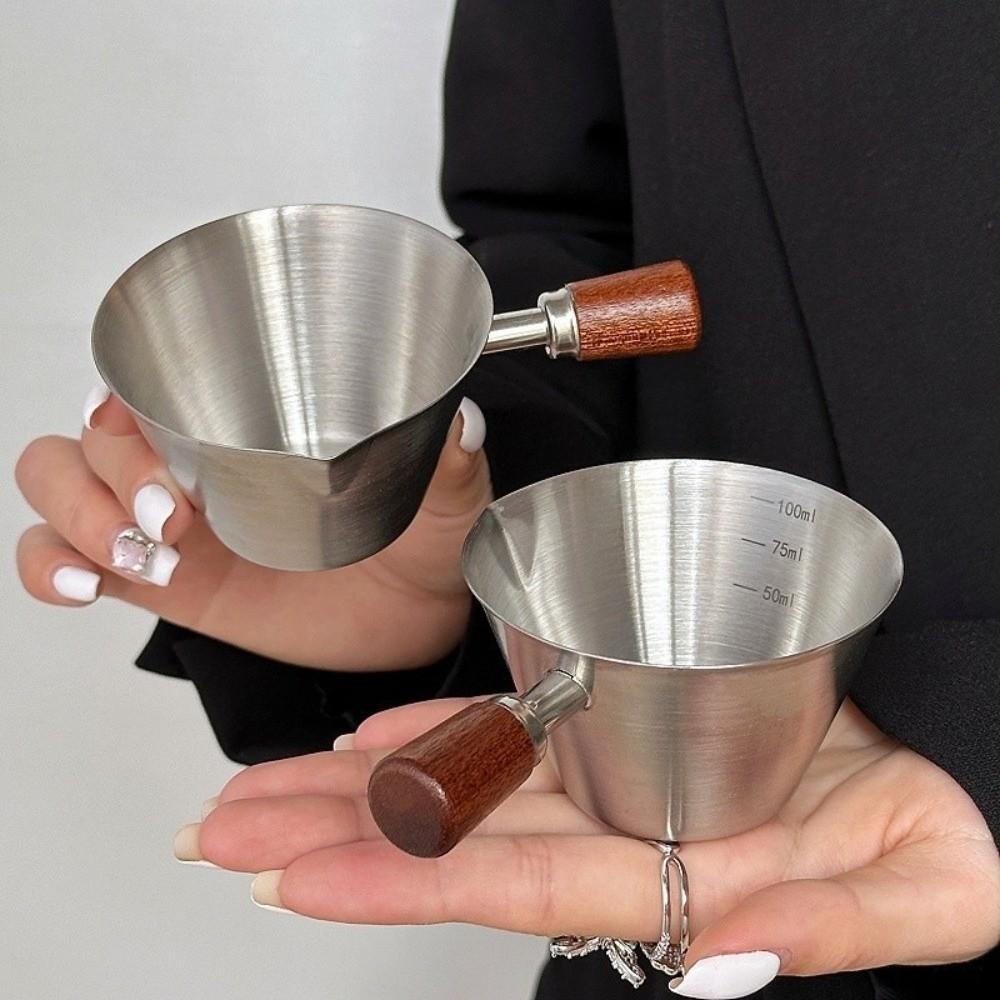 Gifts 100ML Italian Espresso Measuring Cup Stainless Steel Wooden Handle Small Milk Cups with Scale Kitchen Coffee Accessories