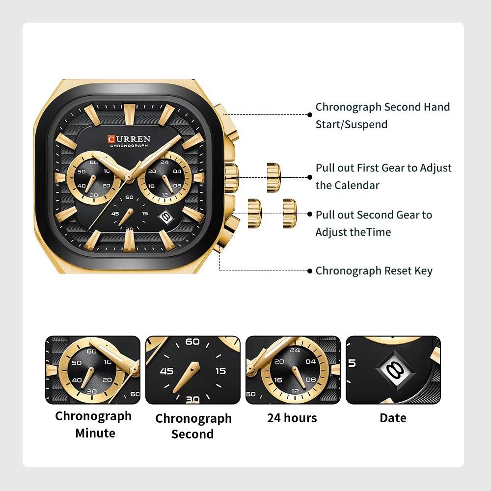 Mens Square Chronograph Watches Stainless Steel Wrist Watch with Date Luminous Hands Waterproof