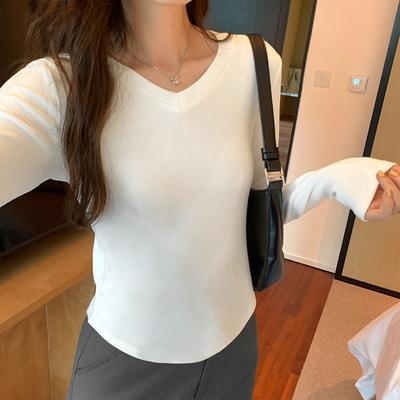 American Retro Slim V-neck Solid Color Bottoming Shirt for Women, New Versatile Long-sleeved T-shirt, Short Inner Top