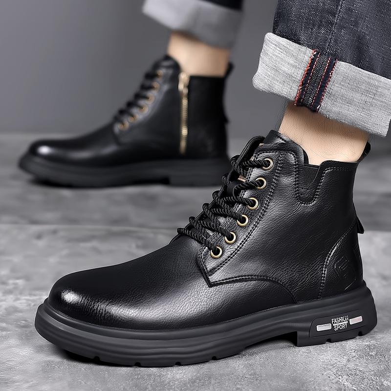 Men's High Top Leather Shoes Classic Street Style Motorcycle Boots Leisure Walk Male Mid-Calf Boots Outdoor Versatile Men Botas