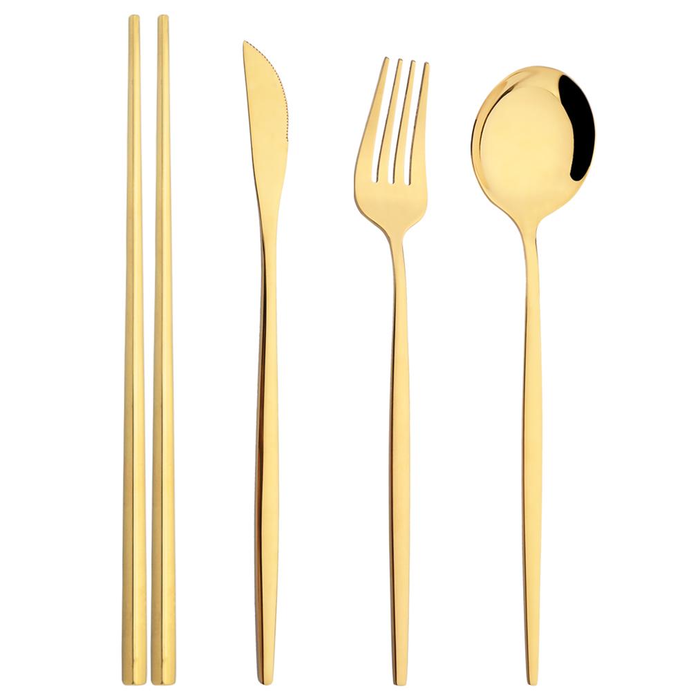 4Pcs Mirror Stainless Steel Tableware Gold Portable Dinnerware Knife Fork Spoon 304 Chopsticks Cutlery Set Western Flatware Set
