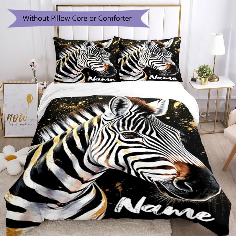 3pcs Custom Name Zebra Bedding Set Duvet Cover Closure Includes 1 Duvet Cover & 2 Pillowcases, Soft and Comfortable for All Seasons.