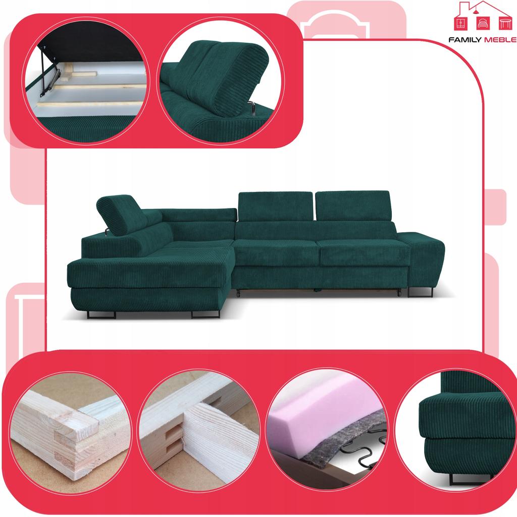 Corner Sofa, Foldable, F, Sleeping, Savio, Left, Family Furniture, Green, Corduroy