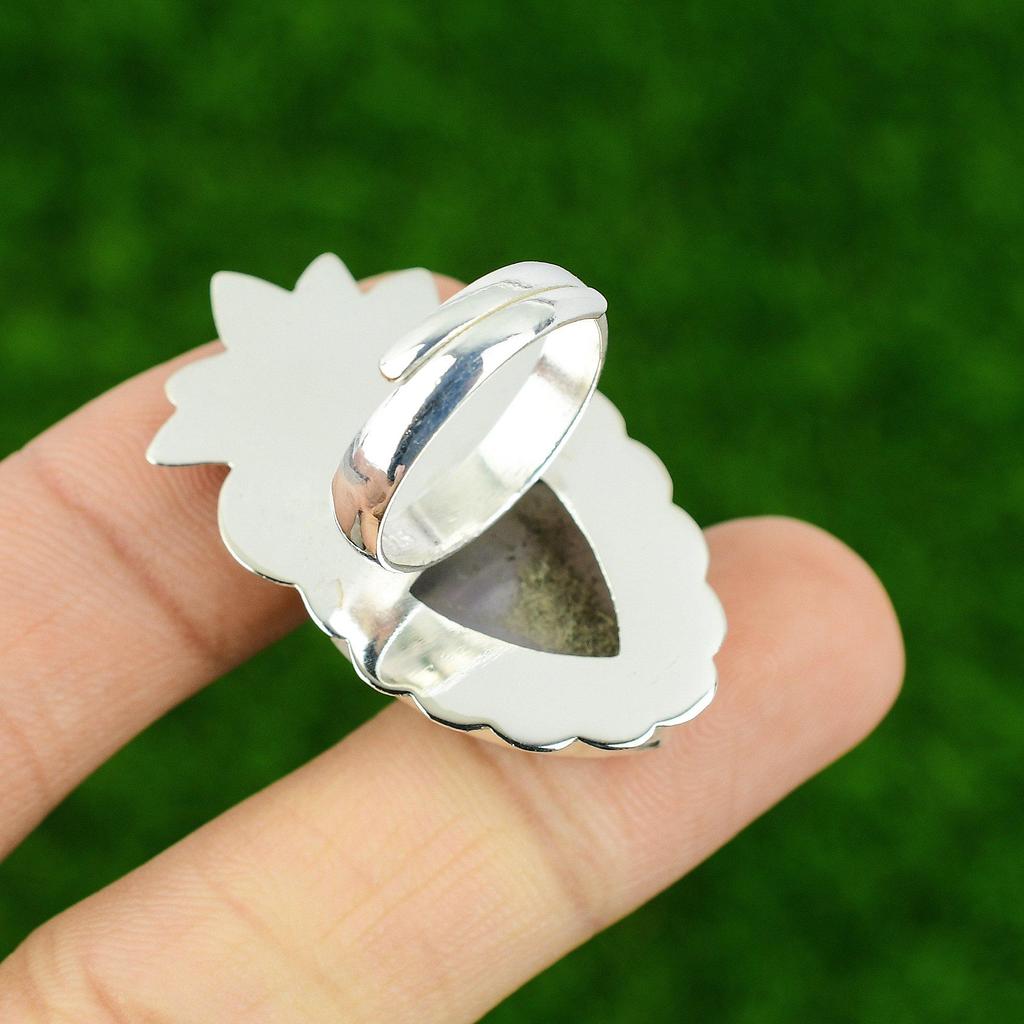 925 Silver Dendrite Opal Stone Mother Bezel Anniversary Art Deco Statement Ring