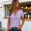 Women Tops V Neck Ruffle Trim Buttons Half Placket Short Sleeve Regular Fit Casual T-shirt Pure Color Summer Tops