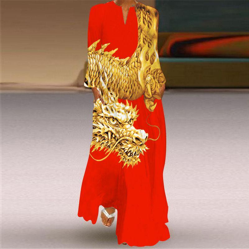 2025 Big Red New Year Clothes Women's Clothing Stage Show Performance Wear Loose and Elegant Dress Pocket Dress