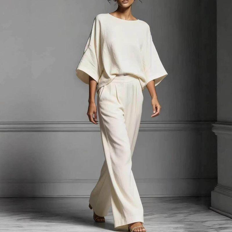 

Solid Color Loose Round Neck Top Wide Leg Pants Set Brown S