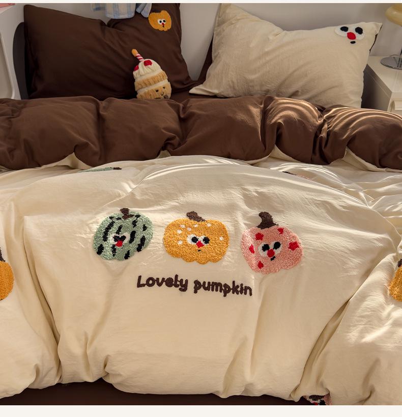 Cartoon Embroidered Cotton Terry Bedding Set - Skin-Friendly, Washable, 4-Piece Set with Bed Sheet and Duvet Cover (Student Size)