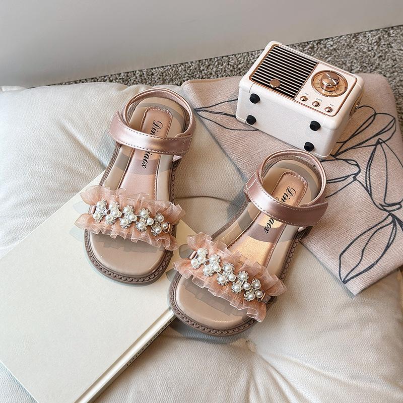 Girls Sandals Lace Pleated Sweet Kids Princess Shoes for Summer 2025 New Fashion Girls Beach Shoes Hook&loop Elegant Pearl Ins