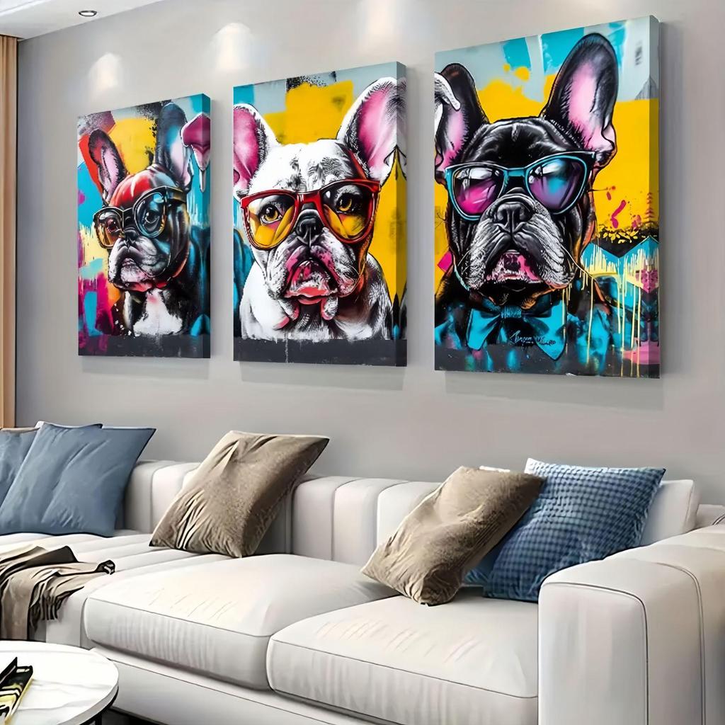 Airbrush Art Puppy Canvas with Pine Frame for Living Room Decor