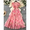 French Style Elegant Dress Women 2025 New Retro Lace Stitching Waist Hugging Temperament Print Frill Long Skirt