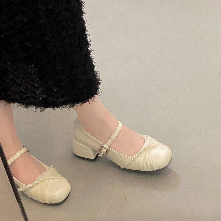 

Beautiful pearl Mary Jane high heels women s 2025 autumn new ballet temperament thick heel with skirt leather shoes 40