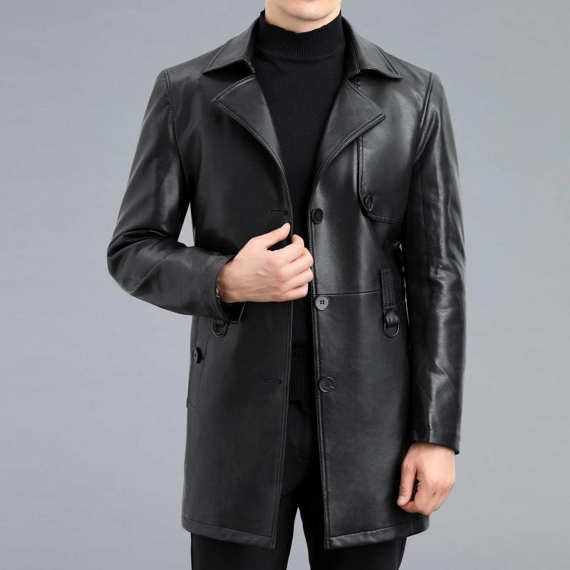 Autumn and Winter Leather Mid-length Suit Collar Sheepskin Coat Sheepskin Men's Leather Windbreaker Plus Velvet Jacket