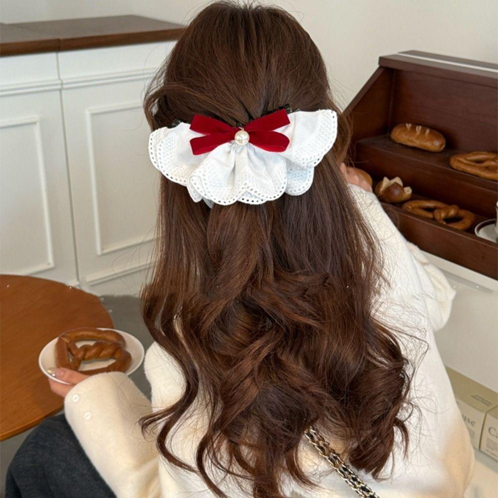 Hair Clips Red Velvet Bow Hair Clip Pearl Bow Vertical Clip Sweet Lace Bow Hairpin  Gift