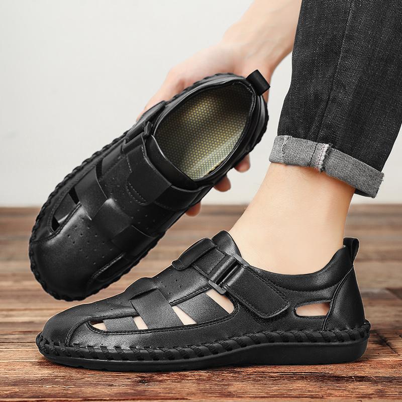 Fashion Leather Sandals Baotou 2025 Summer New Genuine Leather Breathable Hollow Porous Shoes Men's Tendon Soft Bottom Middle-Aged Dad