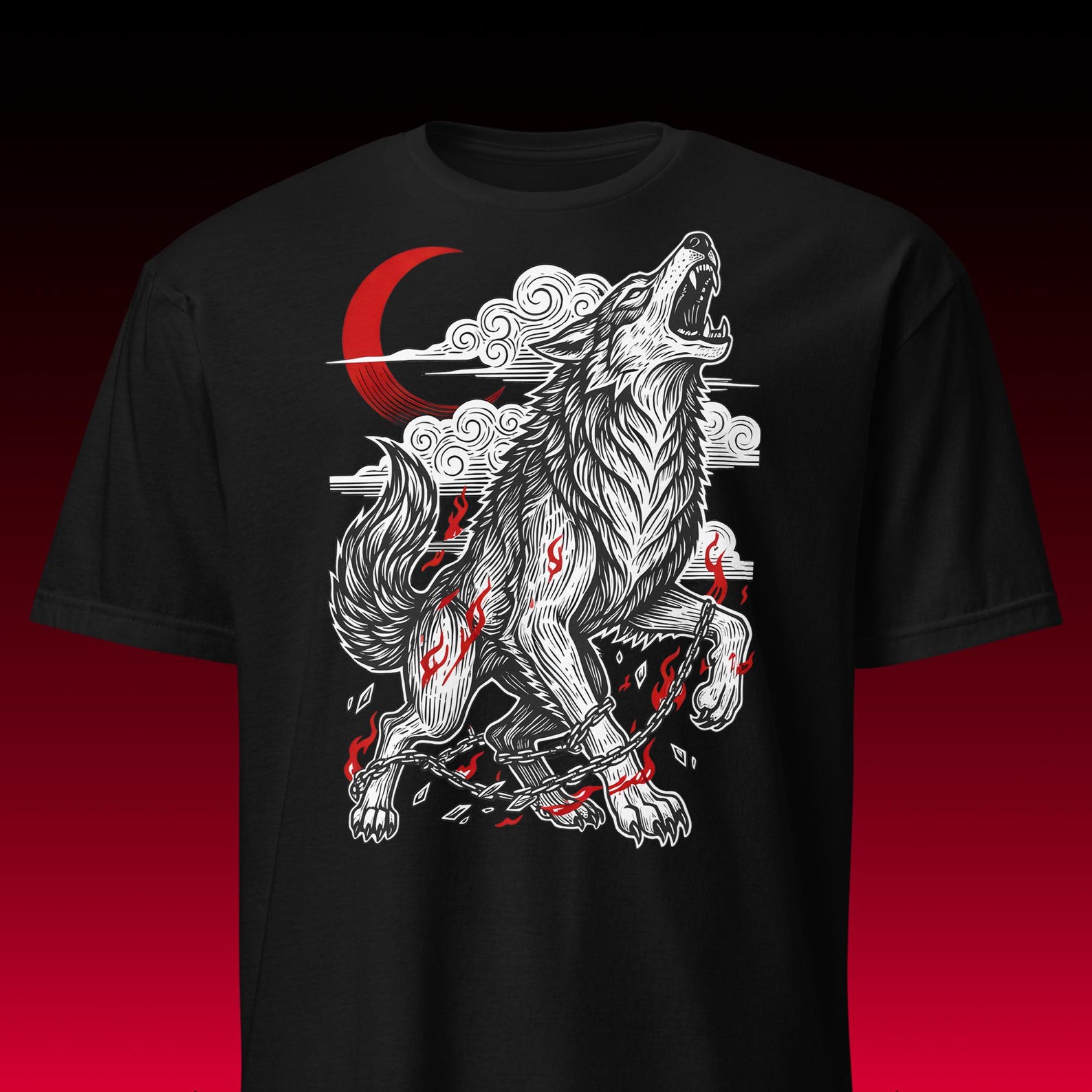 Fenrir Wolf Tee | Woodcut Chain Breaker | Norse Mythology Art XL