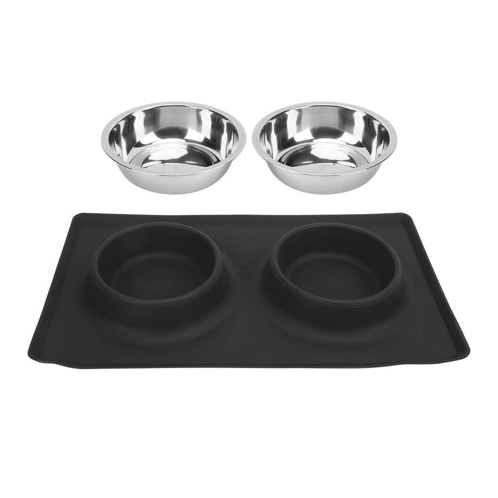 Pet Bowl Silicone AntiSlip Foldable Water Dish Feeding Dual Bowl for Small Medium Dogs Cats(Black )
