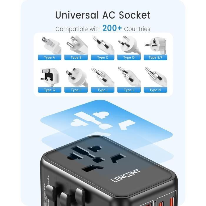 Adaptateur de voyage - lencent - gan3 65w - 2 usb-a qc4.0 - 2 usb-c pd3.0 - charge rapide