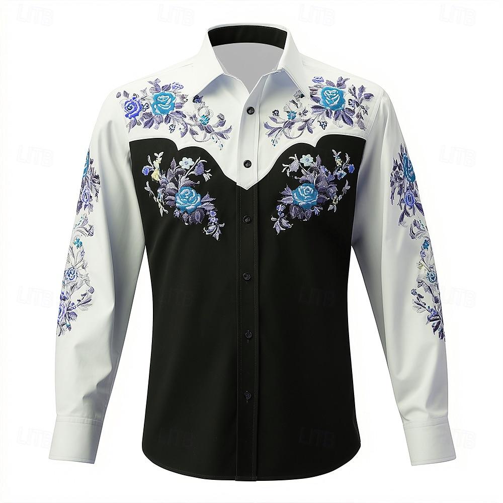 Men's Long Sleeve Shirt Floral Print Western Cowboy Shirt Autumn Streetwear Casual Comfort Polyester Slim Fit Shirts