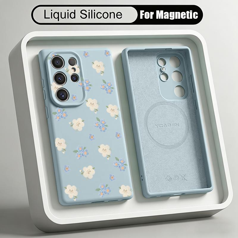 White Flowers Print Case For Samsung Galaxy S26 S25 Ultra S24 Plus S23 S22 Ultra Magnetic For Magsafe Liquid Silicone Cover