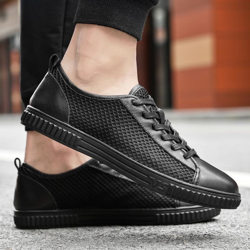 Fashion Spring Casual Men's Shoe Series Features Split Leather and Breathable Cushioned Shoes with Mesh, Sizes 37-46