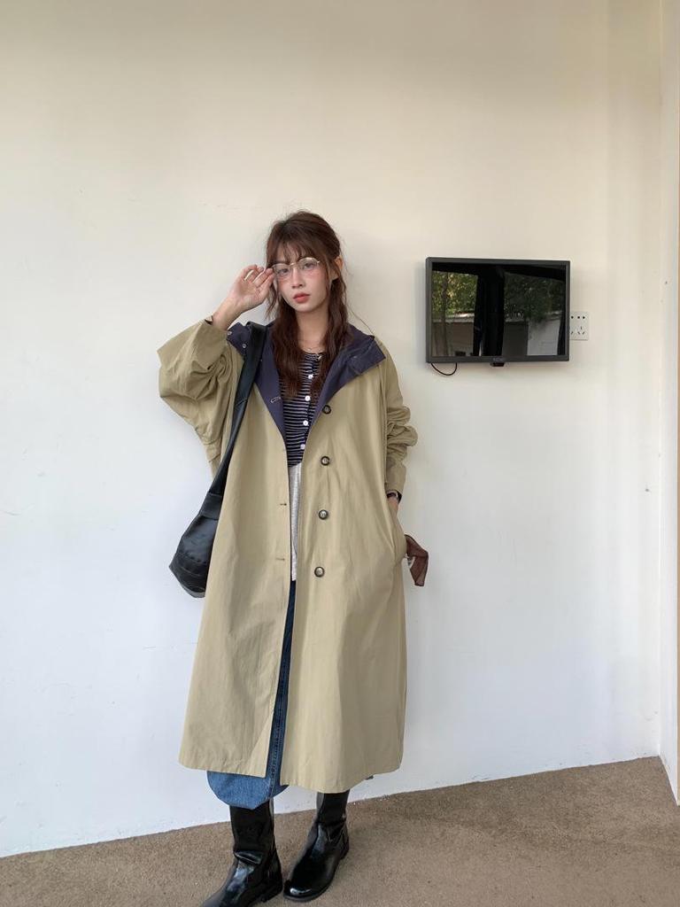 Women's Retro Miu-Style Colorblock Hooded Trench Coat with Stand-up Collar, 2025 Autumn Collection