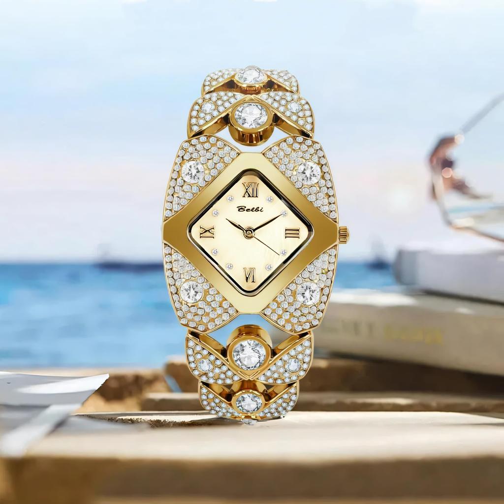 Unique Design Gold Women Bracelet Watches Luxury Elegant Wrist Watches For Ladies Full Diamond Women Quartz Wristwatches