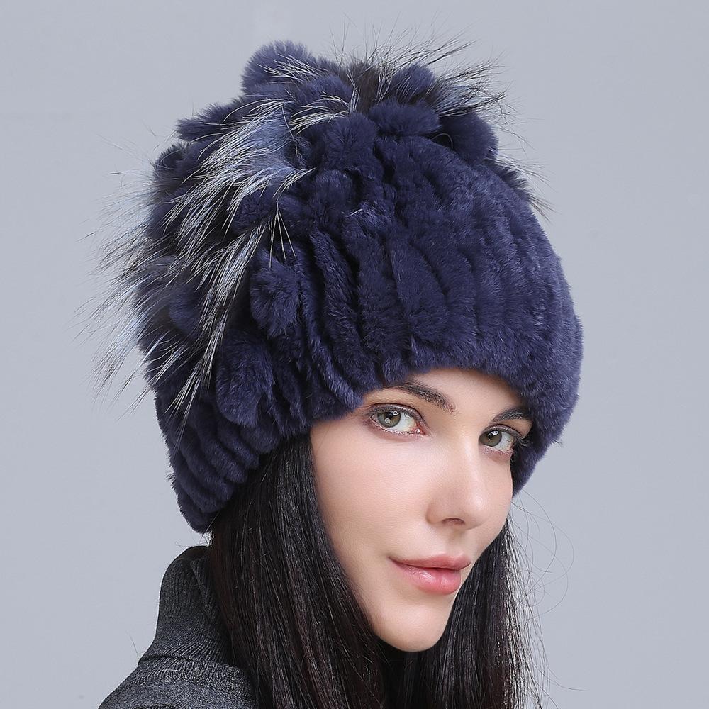 Winter Women's Warm Fashion Thick Wool Hat Rex Rabbit Fur Hat Knitted with Side Flower Hat